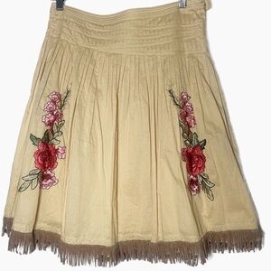 Sundance Catalog Embroidered khaki Floral Skirt Tan Pleated Fringed Hem 8 petite